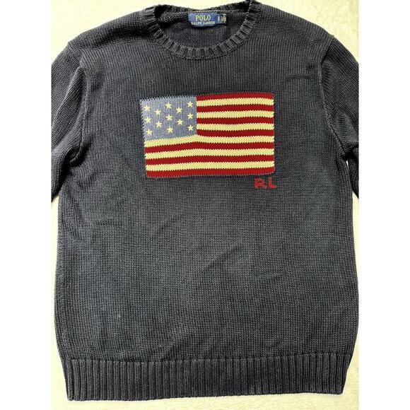 Polo Ralph Lauren Navy Blue AMERICAN FLAG Knit CrewNeck Sweater Women’s S/P - Picture 1 of 7